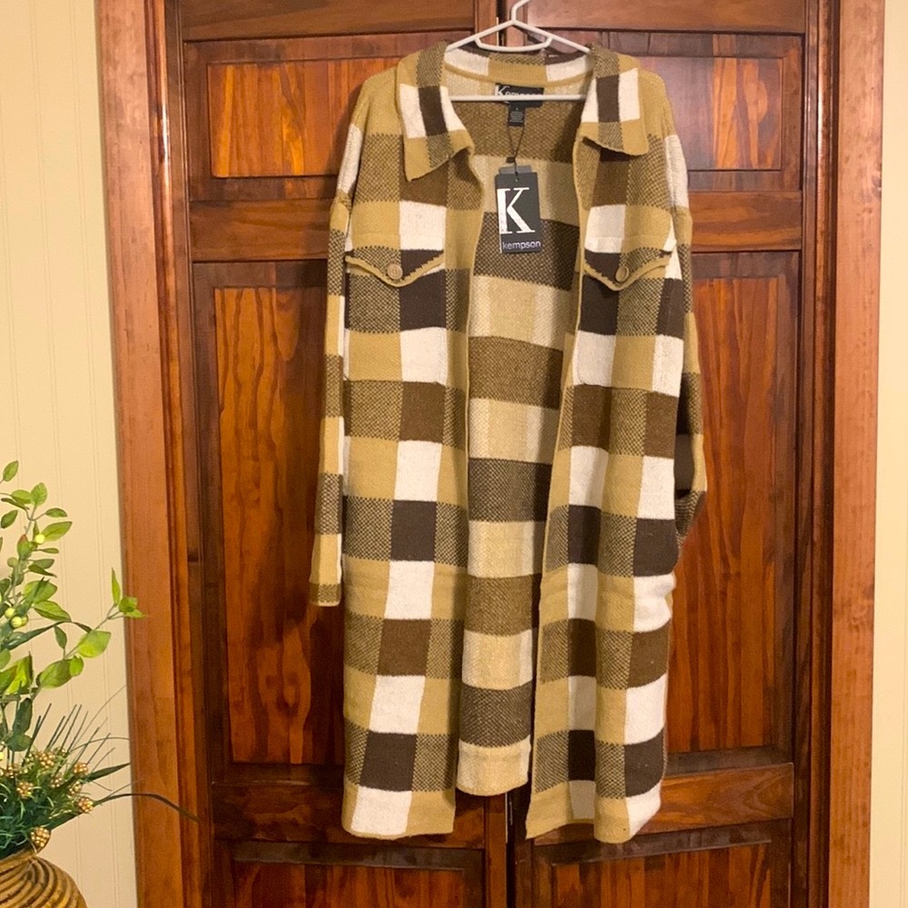NEW Size large sweater, long plaid cardigan, coat duster
